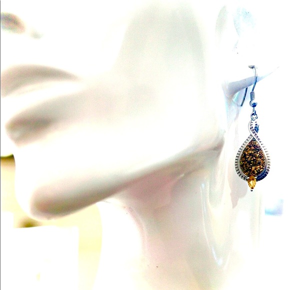 Golden Druzy & Citrine Sterling Silver Earrings - Picture 4 of 9